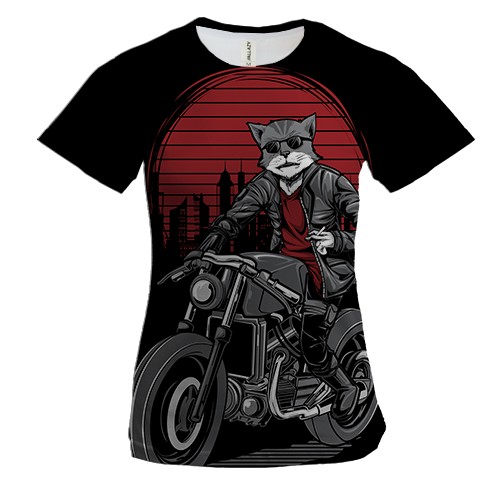 Женская 3D футболка с котом байкером