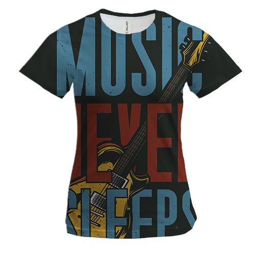 Женская 3D футболка music never sleeps
