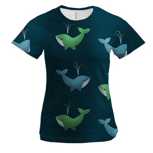 Женская 3D футболка с синим и зеленым китом