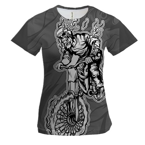 Женская 3D футболка с байкером скелетом