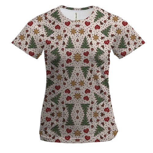 Жіноча 3D футболка з ялинками і новорічною атрибутикою