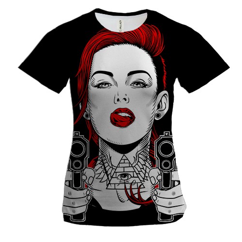 Женская 3D футболка с девушкой и пистолетами