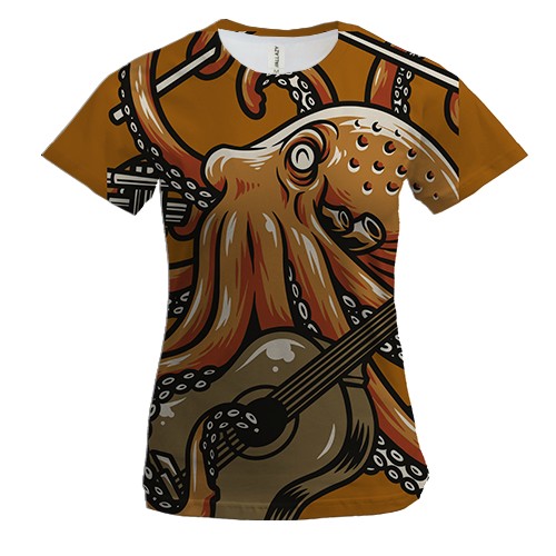 Женская 3D футболка с осьминогом и гитарой