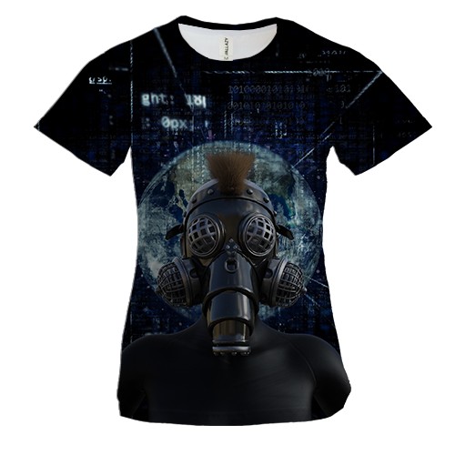 Женская 3D футболка с кибер планетой и человеком в противогазе