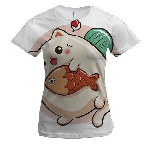 Женская 3D футболка с котиком и рыбкой