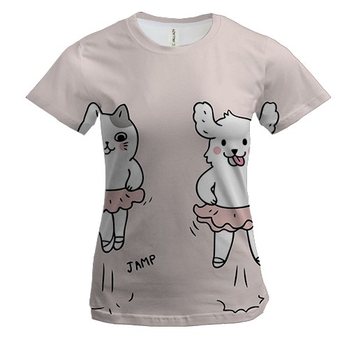 Женская 3D футболка с танцующим котом и собакой