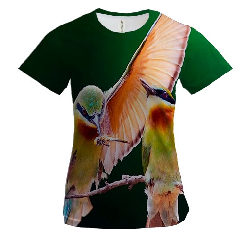 Женская 3D футболка с влюбленными птицами на ветке