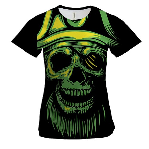 Женская 3D футболка с зеленым черепом пиратом