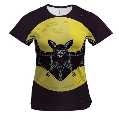 Женская 3D футболка с летающей мышью на фоне Луны