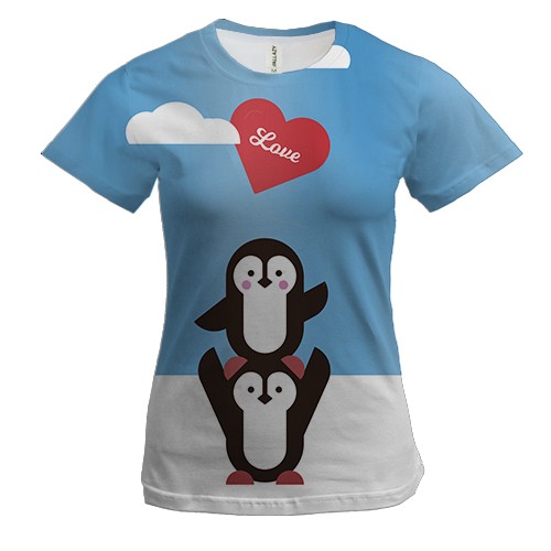 Женская 3D футболка с влюбленными пингвинами
