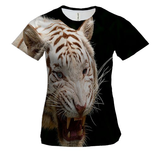 Женская 3D футболка с белым рычащим тигром