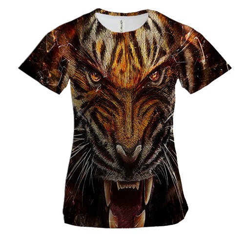 Женская 3D футболка с  рычащим тигром