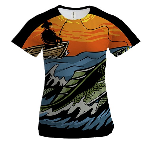 Женская 3D футболка с рыбалкой на рассвете