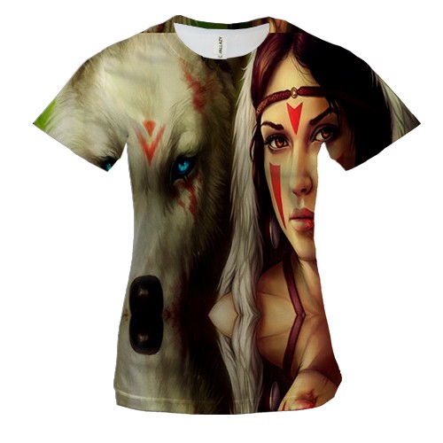 Женская 3D футболка с девушкой и белым волком в лесу