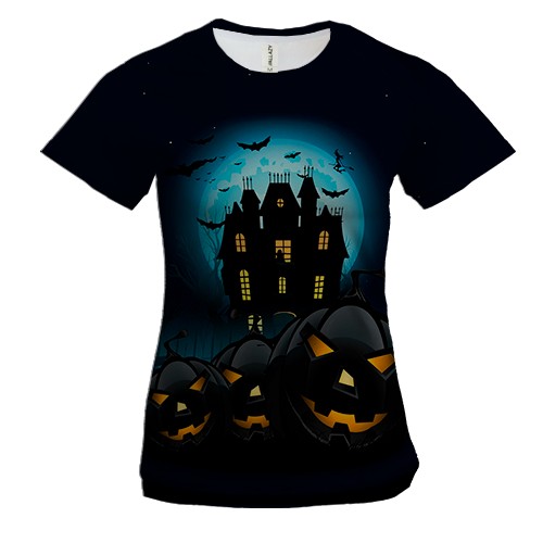 Женская 3D футболка Темный замок с тыквами