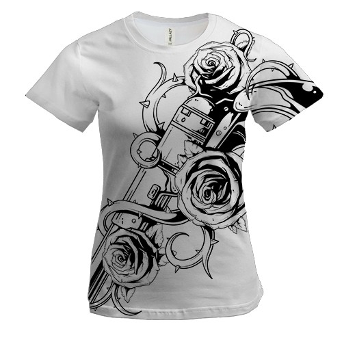 Женская 3D футболка с черно белым револьвером