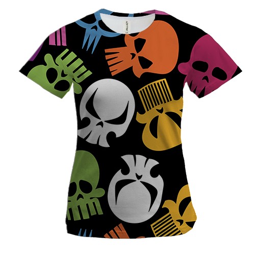 Женская 3D футболка с разноцветными черепами
