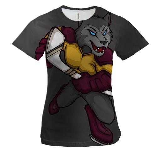 Женская 3D футболка с волком хоккеистом
