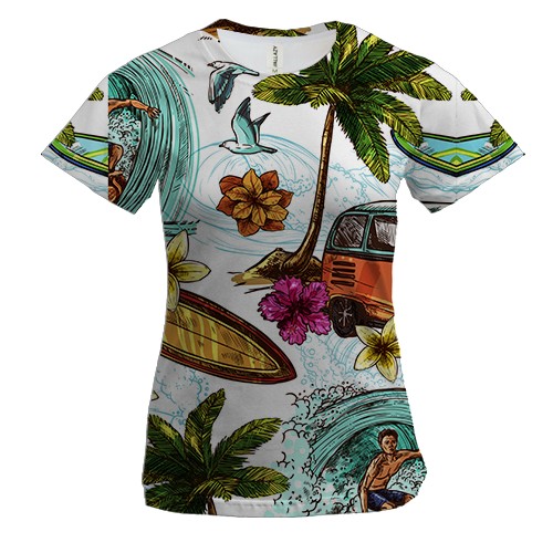 Женская 3D футболка с пляжем, пальмами и волнами