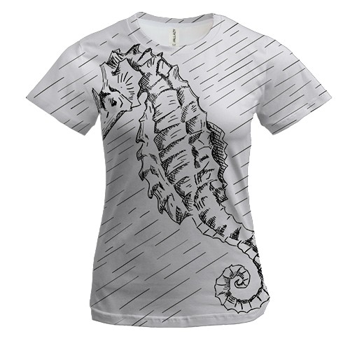 Женская 3D футболка с черно белым морским коньком