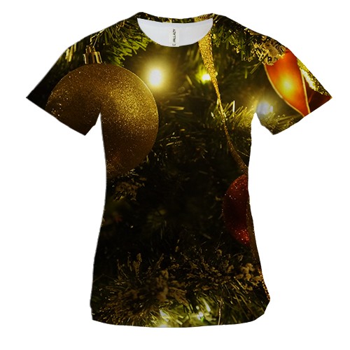 Женская 3D футболка с новогодней елкой и игрушками