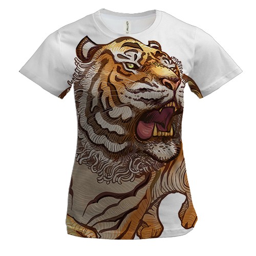Женская 3D футболка с рычащим тигром