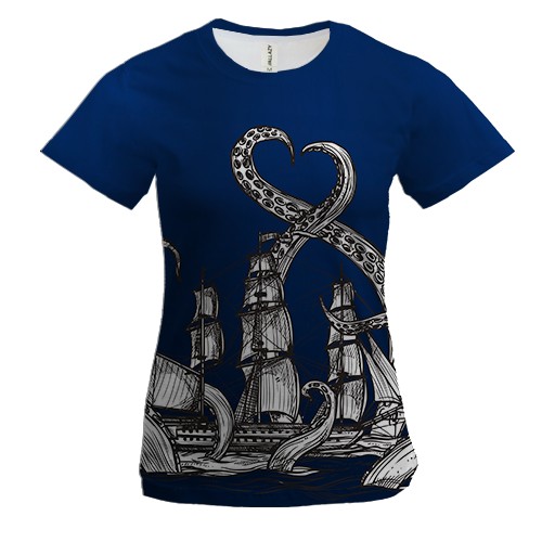 Женская 3D футболка с кракеном и кораблем