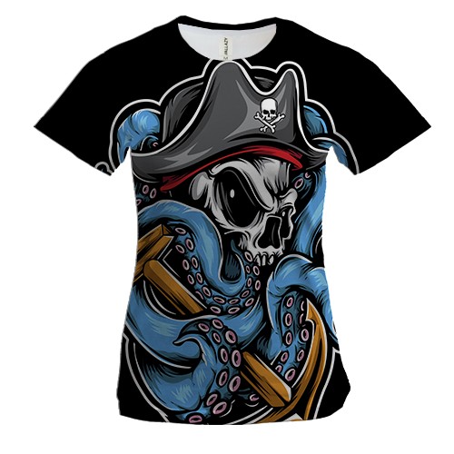 Женская 3D футболка с осьминогом пиратом и якорем