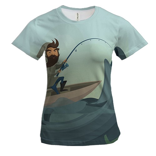 Женская 3D футболка с рыбаком и большой рыбой