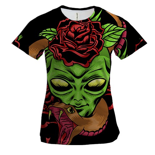 Жіноча 3D футболка з прибульцем і трояндами