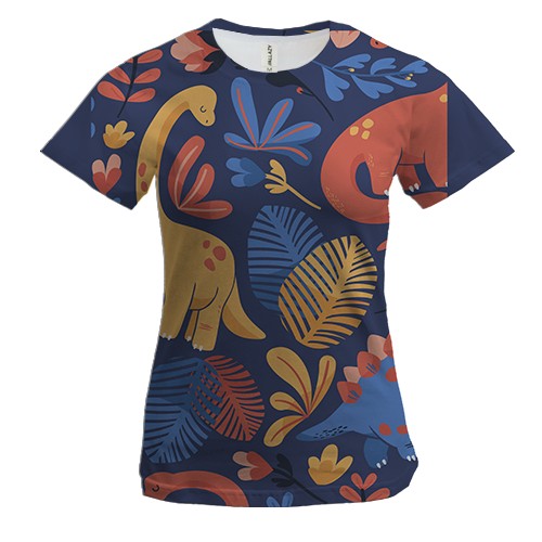 Жіноча 3D футболка з різнокольоровими динозавриками