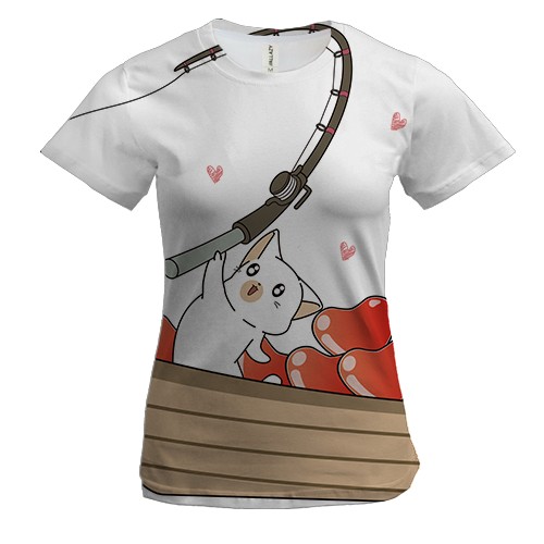 Женская 3D футболка с котом который ловит сердечки