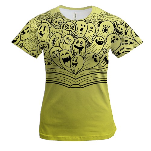 Жіноча 3D футболка з книгою і істотами