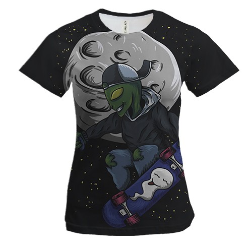 Женская 3D футболка с пришельцем на скейте
