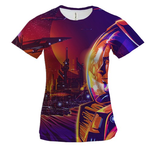 Женская 3D футболка с космонавтом в городе будущего