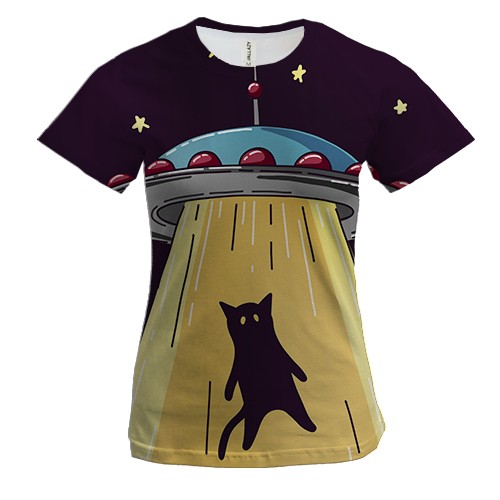 Женская 3D футболка с тарелкой забирающей кота