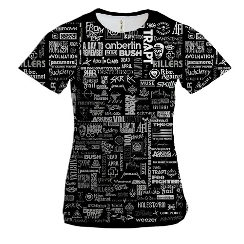 Женская 3D футболка с музыкальными группами (чб)