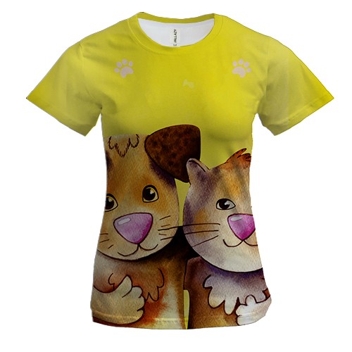 Женская 3D футболка с собакой и котом друзьями