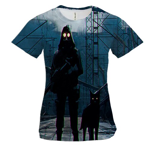 Женская 3D футболка со сталкером и собакой на заброшенном вокзал