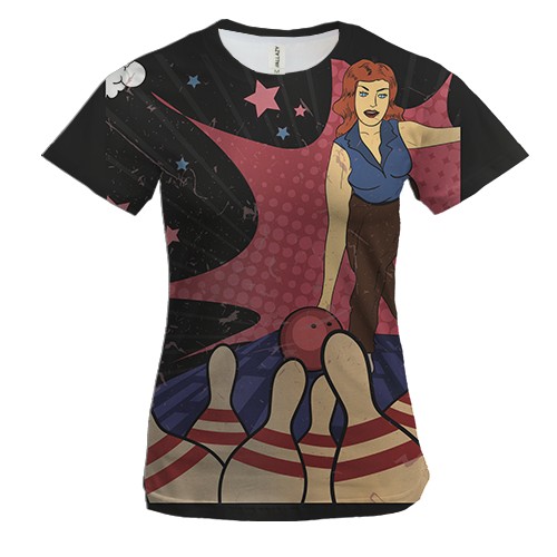 Женская 3D футболка с девушкой играющей в боулинг