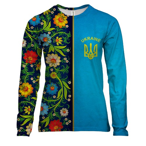 Женский 3D лонгслив с петриковской росписью и гербом Украины