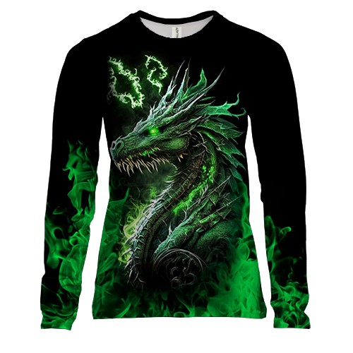 Женский 3D лонгслив Зеленый огненный дракон (2)