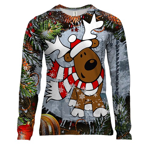Жіночий 3D лонгслів с новогодним оленем Рудольфом на новогоднем фоне