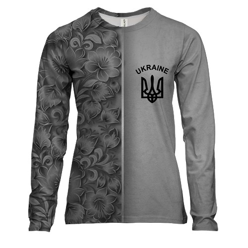 Женский 3D лонгслив с петриковской росписью и гербом Украины (че