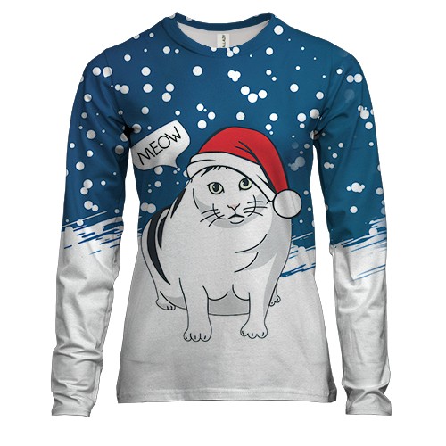 Женский 3D лонгслив Новогодний кот Бендер (мем)