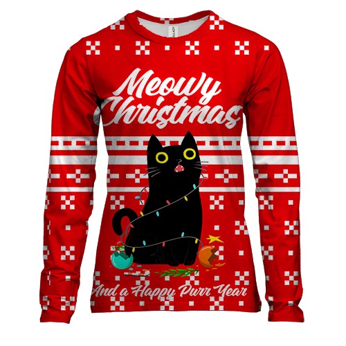Жіночий 3D лонгслів Кіт у гірлянді - Meowy Christmas