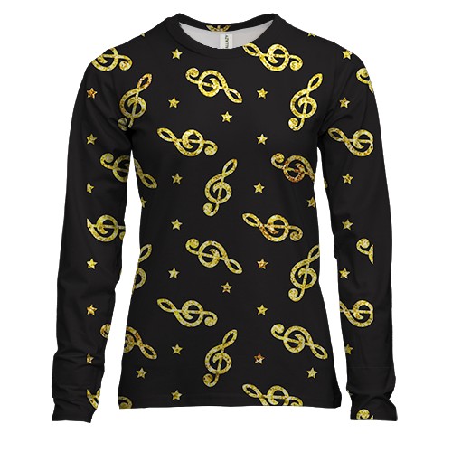 Женский 3D лонгслив с золотыми скрипичными ключами