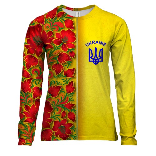 Жіночий 3D лонгслів з петриківським розписом і гербом України (2)