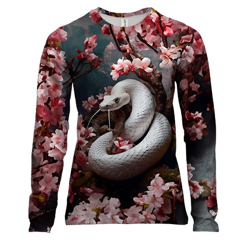 Женский 3D лонгслив с белой змеёй в сакуре