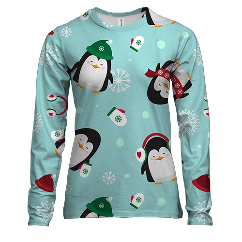 Женский 3D лонгслив Новогодний паттерн. Пингвины